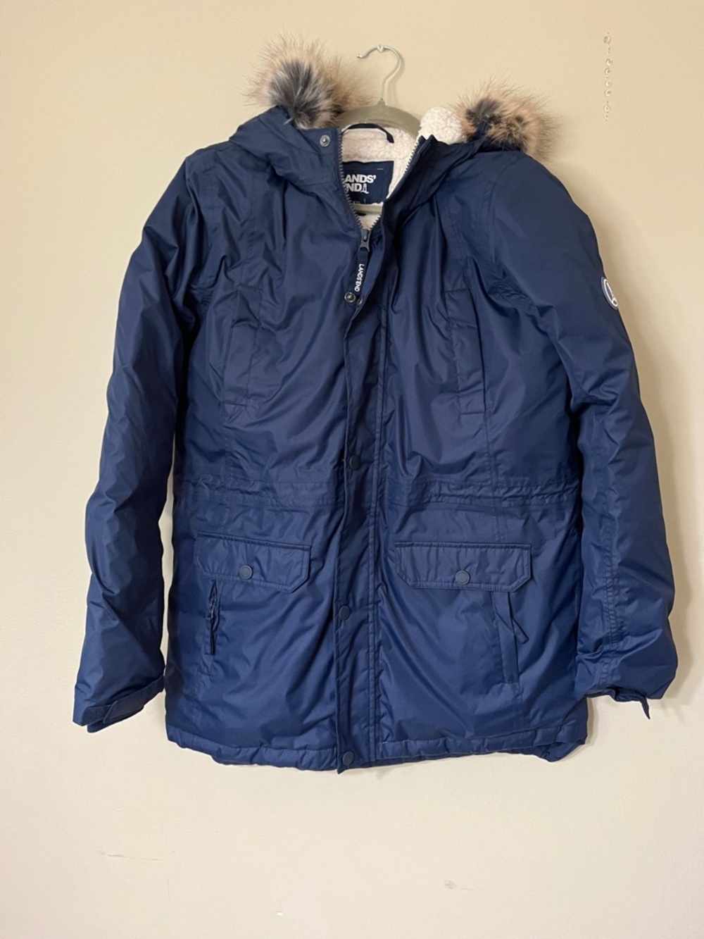 Lands' End Navy Blue Puffer Coat with Faux Fur Trim